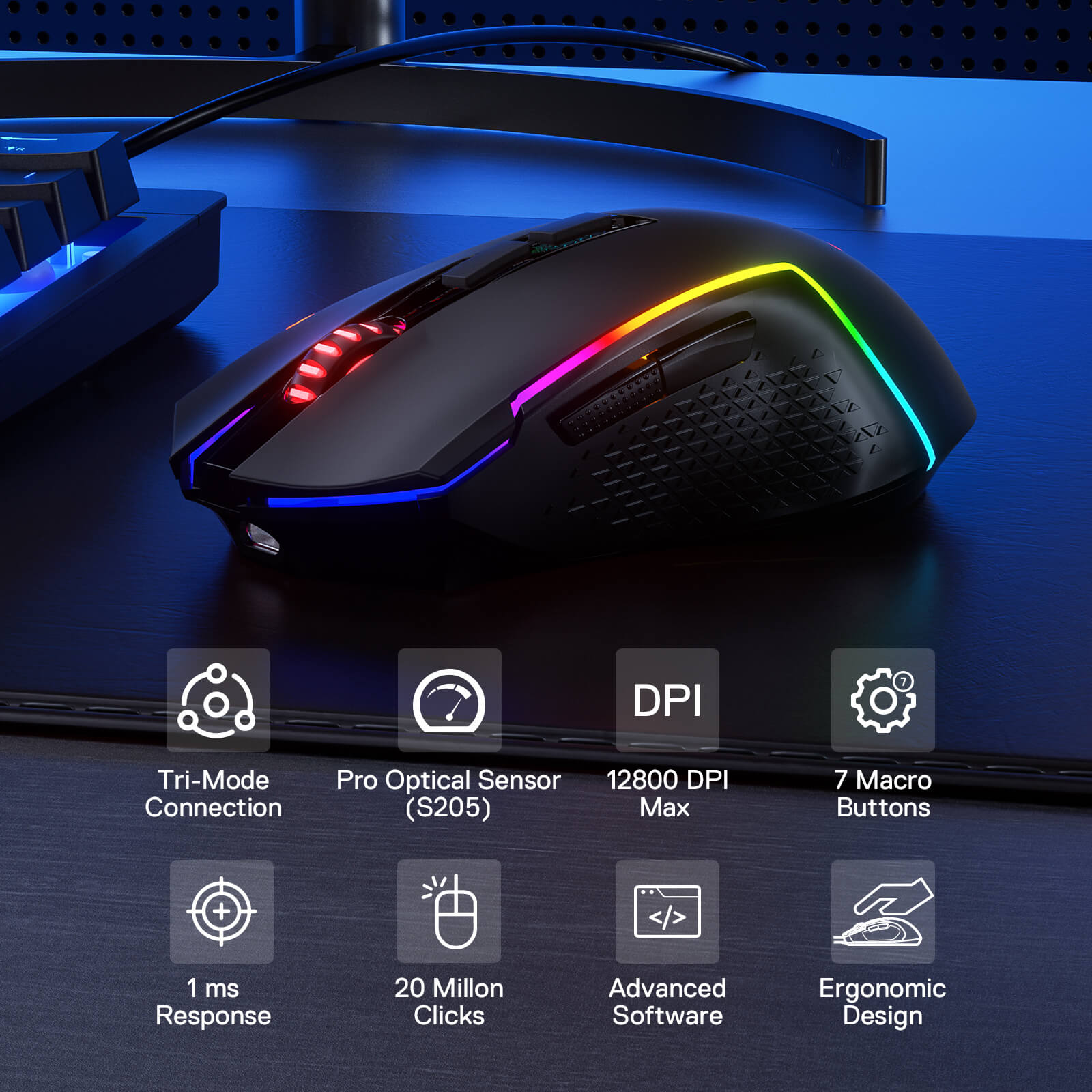 Redragon M693 LIT Wireless Gaming Mouse, 12800 DPI Mice w/ 3-Mode Connection, BT & 2.4G Wireless, 7 Macro Buttons, Reliable Power Capacity for PC/Mac/Laptop