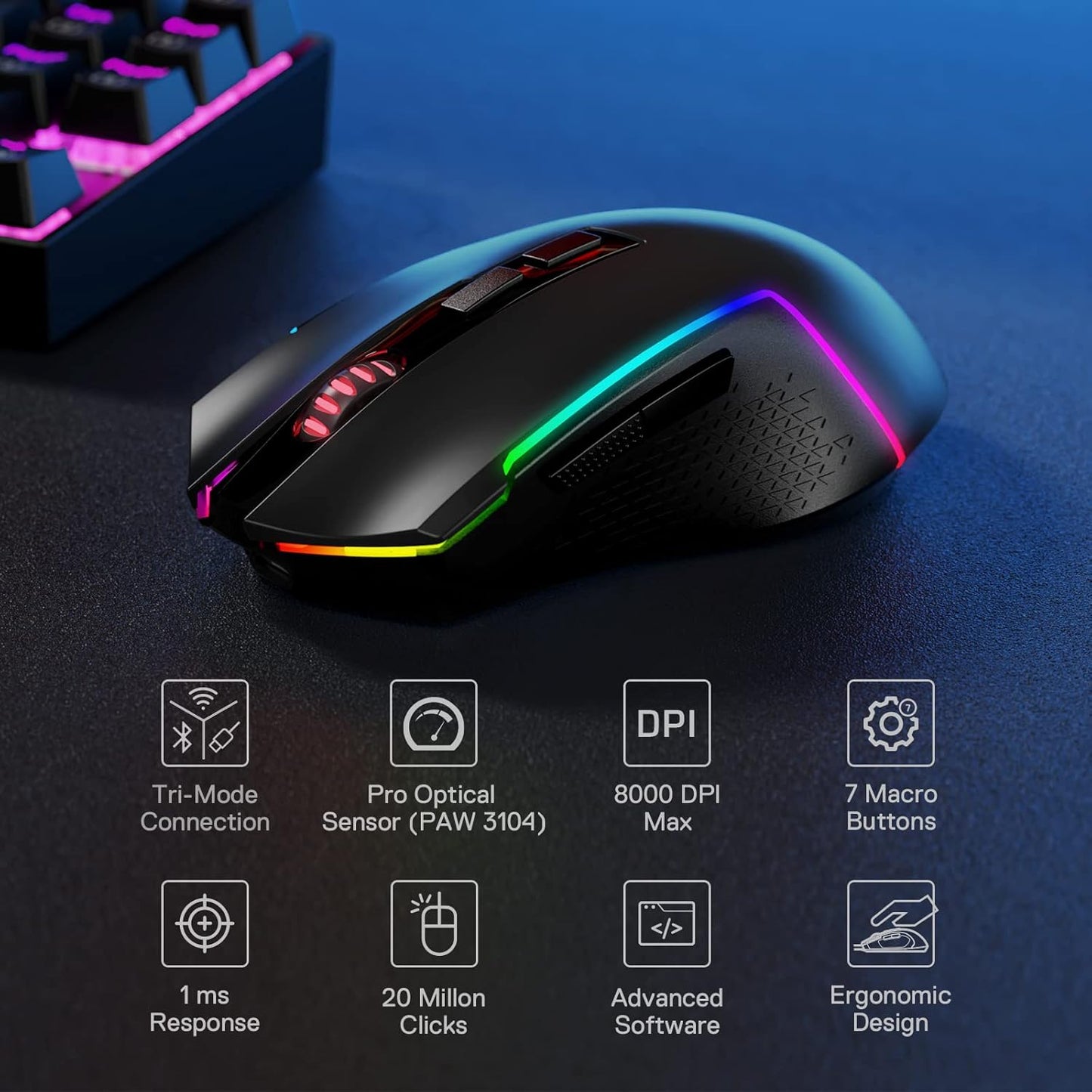 Redragon M693 Wireless Gaming Mouse, 8000 DPI Mice w/ 3-Mode Connection, BT & 2.4G Wireless, 7 Macro Buttons, Reliable Power Capacity for PC/Mac/Laptop