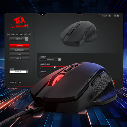 Gaming mouse with Redragon software interface on a dark background