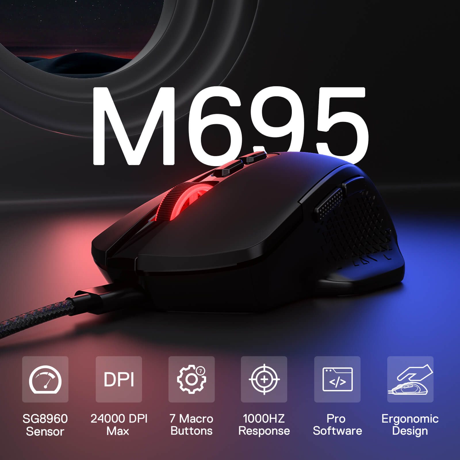 Gaming mouse M695 with specifications on a dark background