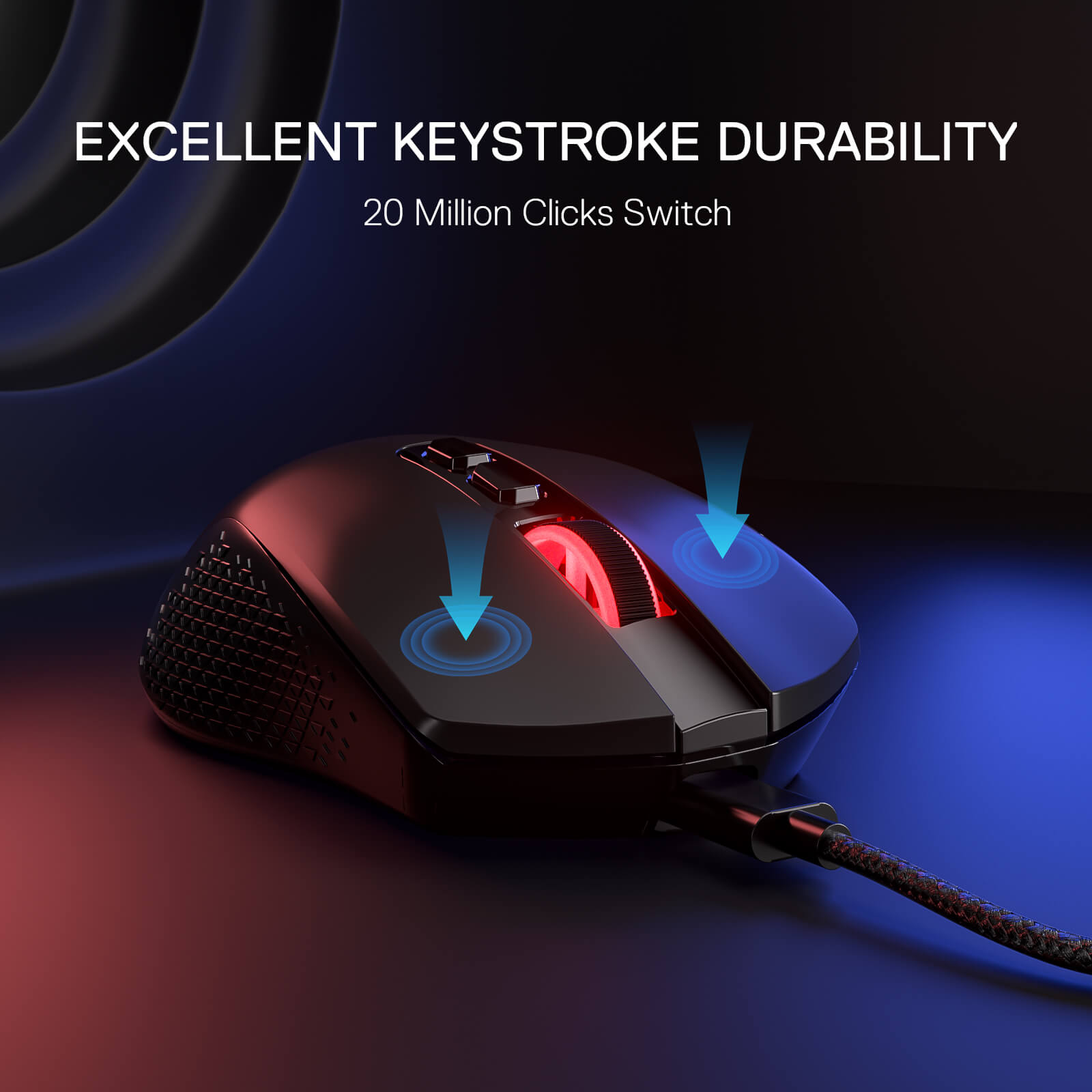 Redragon M695 Gaming mouse with highlighted switch on a dark background, emphasizing durability.