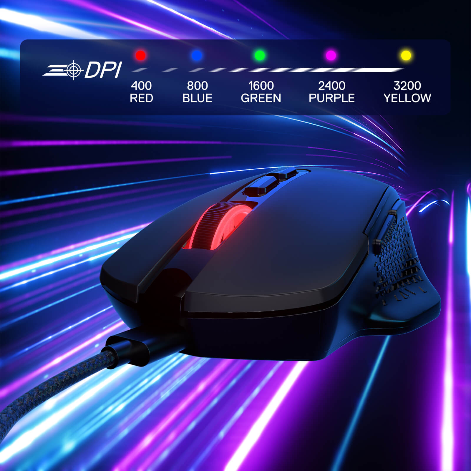Gaming mouse with DPI settings on a colorful background