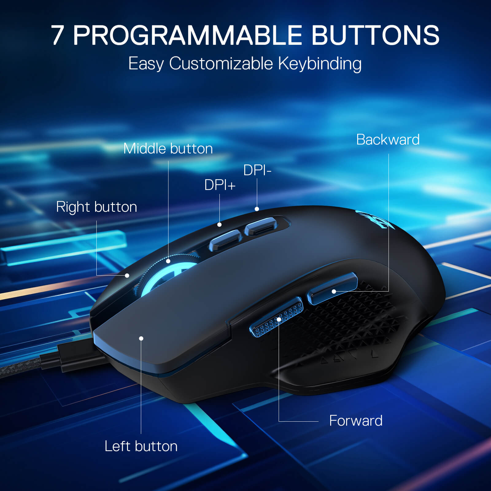 Gaming mouse with labeled buttons on a blue digital background