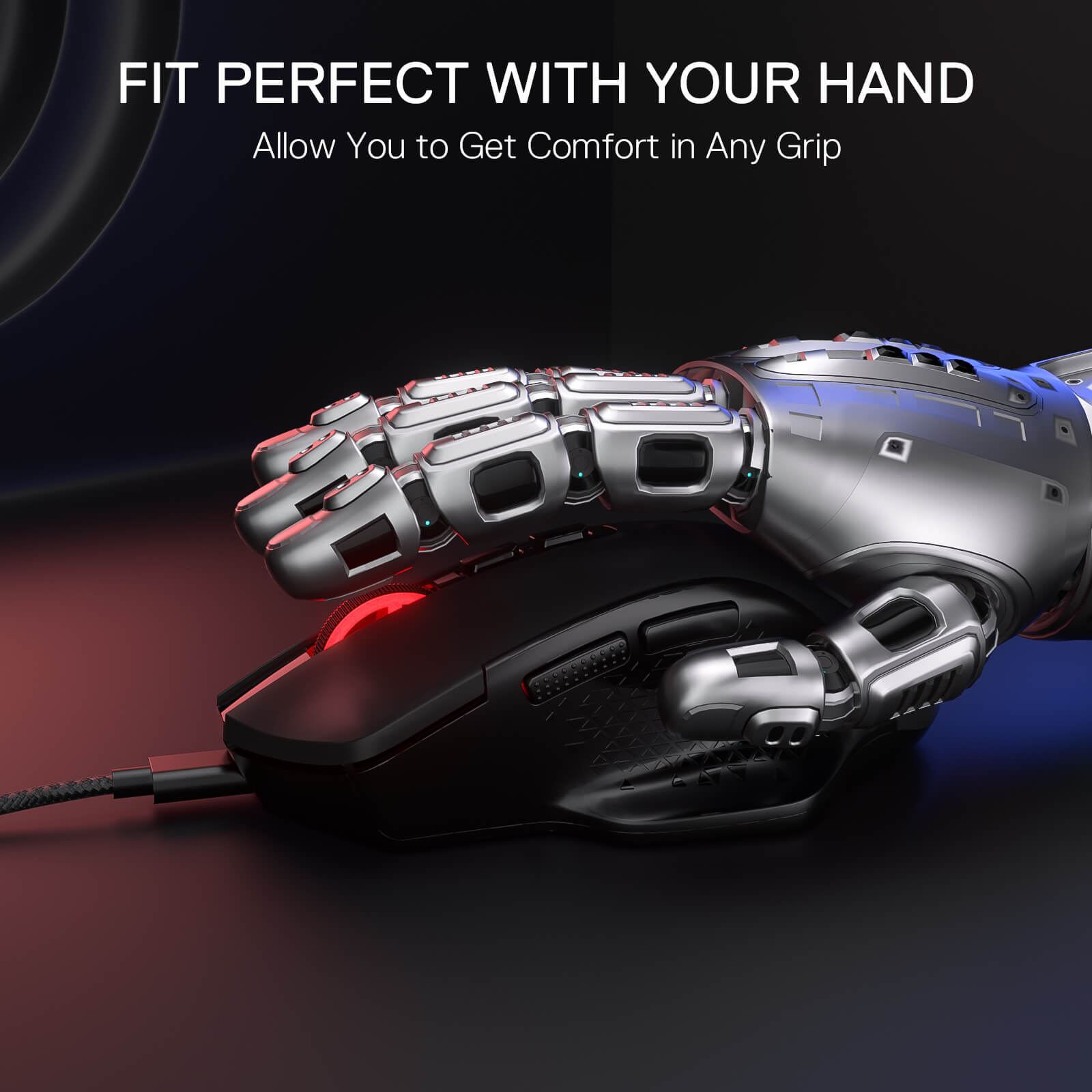 Mechanical gaming mouse with a robotic hand design on a dark background