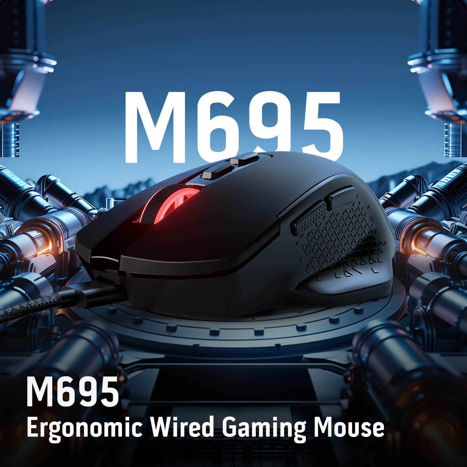 Gaming mouse with 'M695' branding on a mechanical background