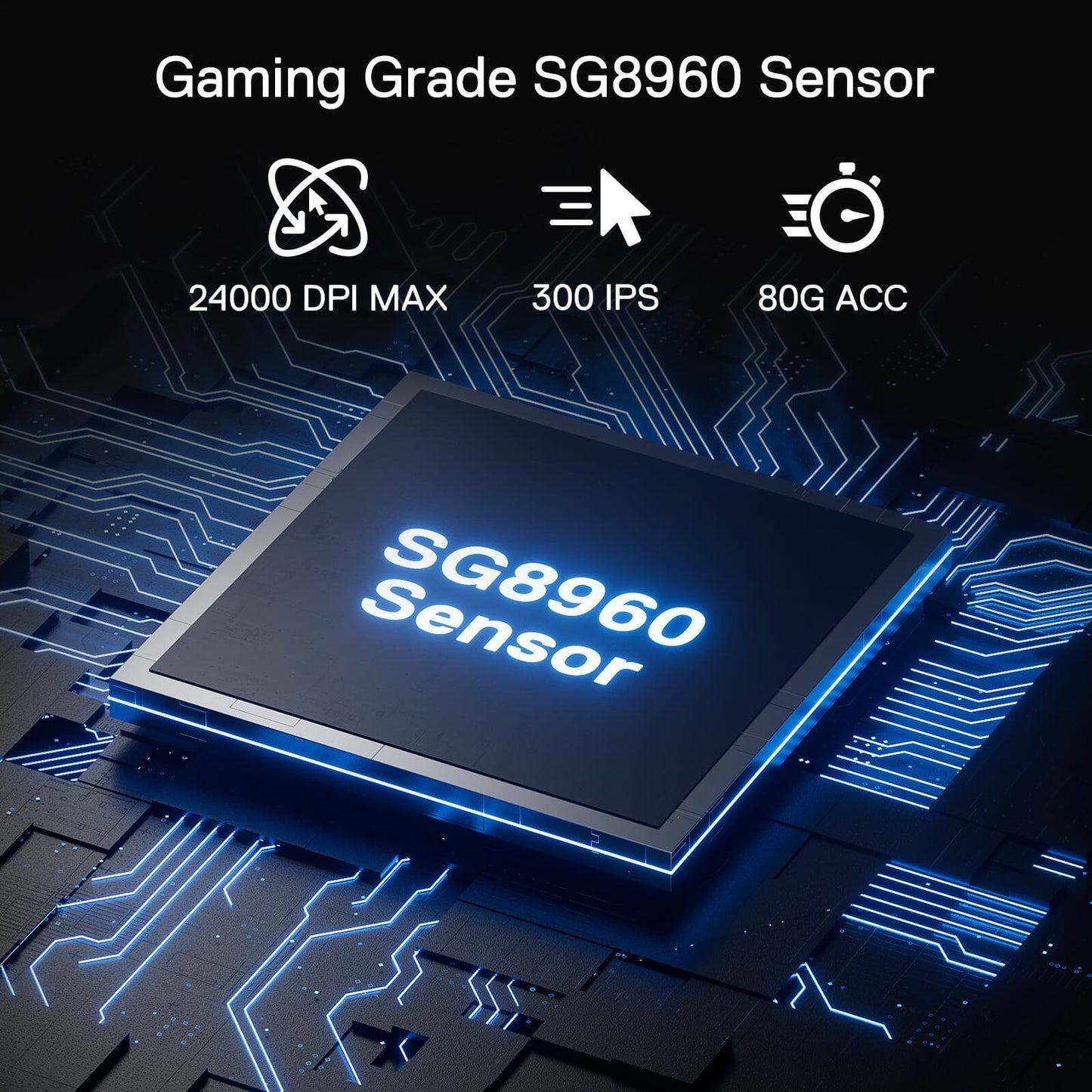 Gaming Grade SG8960 Sensor on a circuit board with specifications displayed.