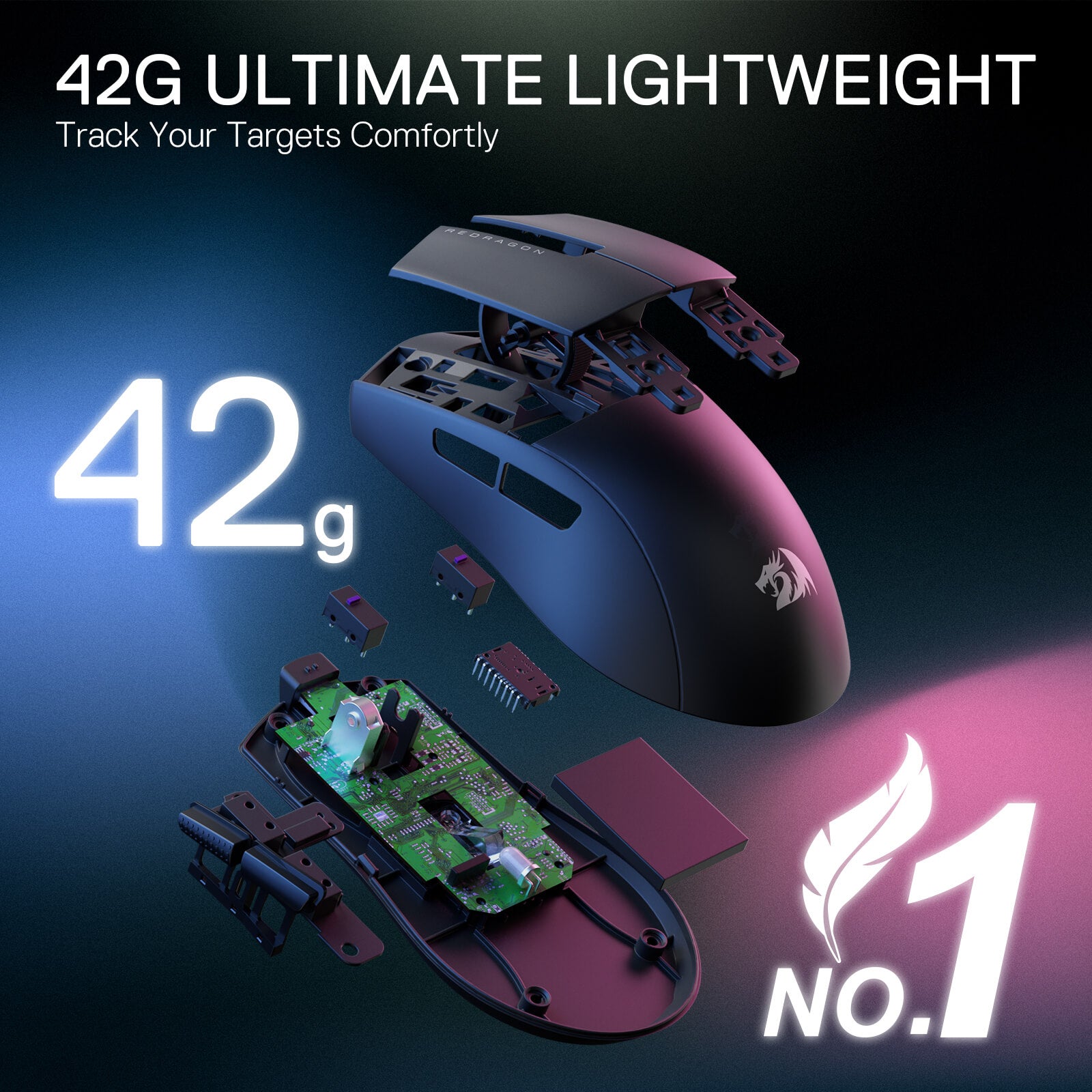 Redragon M724 Wired Gaming Mouse, 42G Ultra-Light 12,400 Max DPI Optical Gaming Mouse with 5 Programmable Buttons, Ergonomic Natural Grip Build, Software Supports DIY Keybinds & DPI