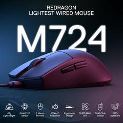 Redragon M724 Wired Gaming Mouse, 42G Ultra-Light 12,400 Max DPI Optical Gaming Mouse with 5 Programmable Buttons, Ergonomic Natural Grip Build, Software Supports DIY Keybinds & DPI