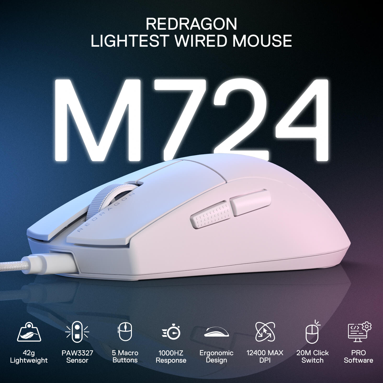 Redragon M724 Wired Gaming Mouse, 42G Ultra-Light 12,400 Max DPI Optical Gaming Mouse with 5 Programmable Buttons, Ergonomic Natural Grip Build, Software Supports DIY Keybinds & DPI