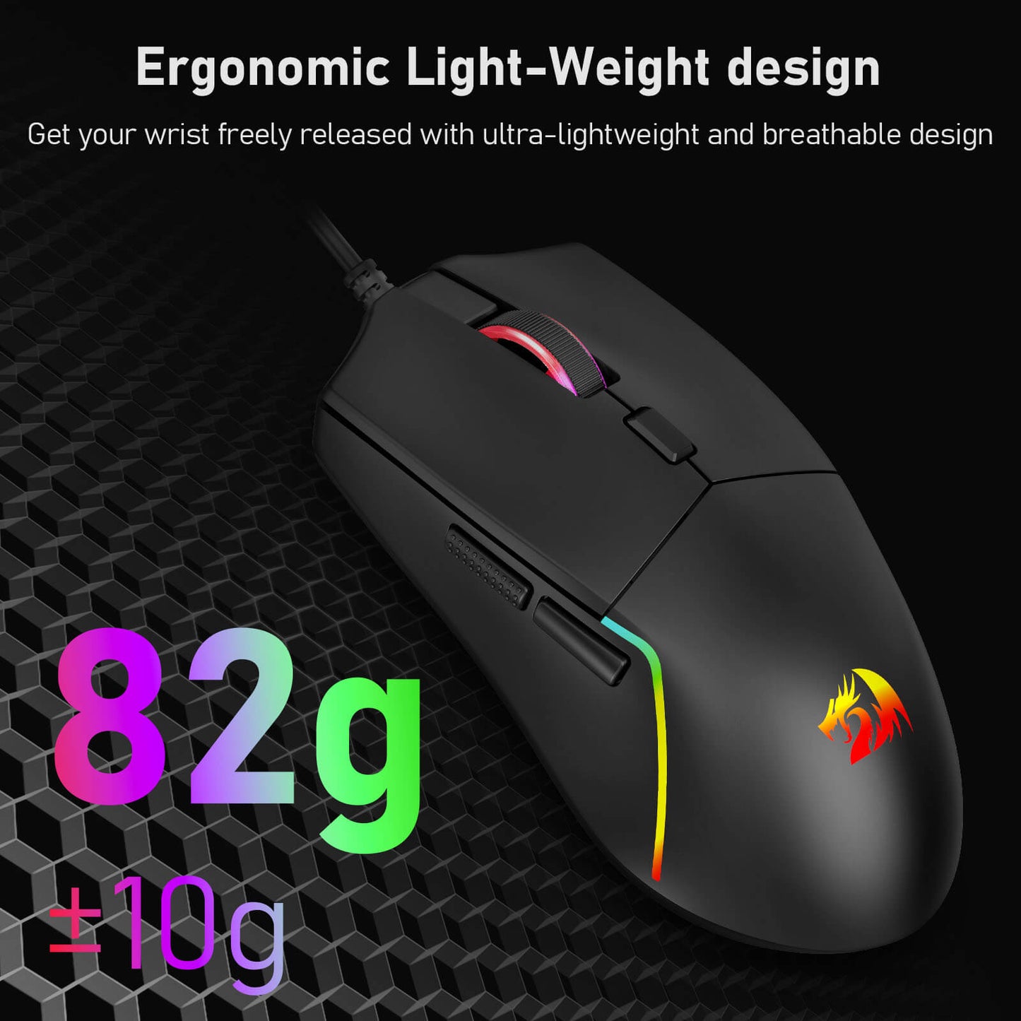 Gaming mouse with ergonomic design on a dark textured background