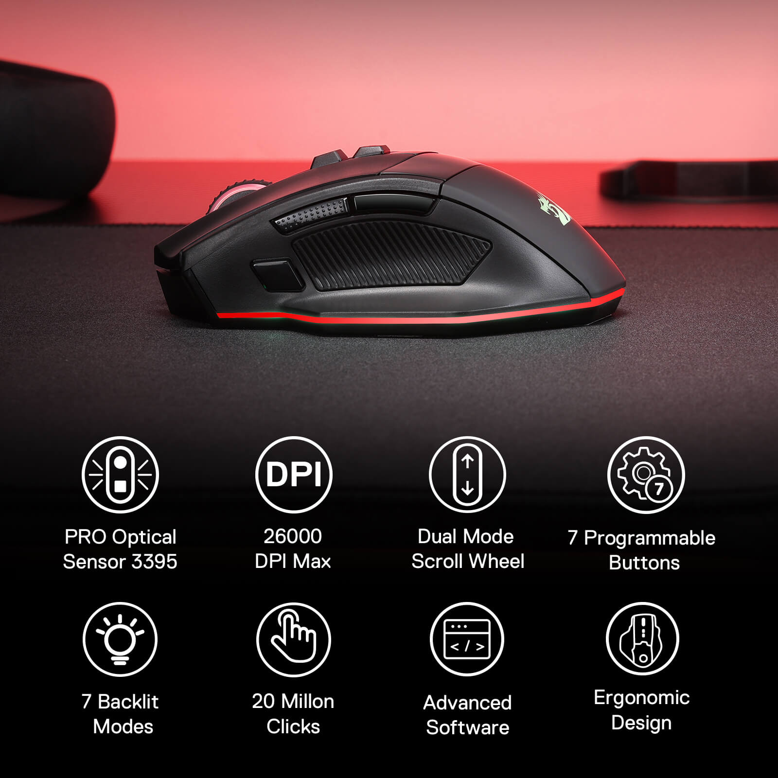 Redragon M813 PRO 3-Mode RGB Gaming Mouse with 4D Dual Mode Scroll Wheel, Optical Ergonomic Gamer Mouse with Max 26,000DPI, Pro Precision Sensor 3395, 7 Macro Buttons, Software Supported