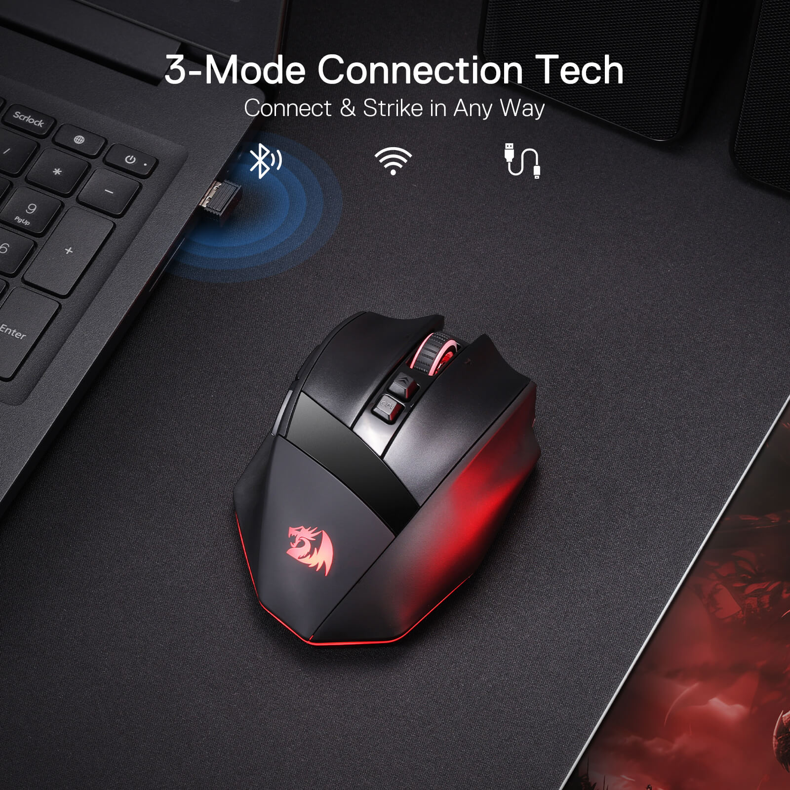 Redragon M813 PRO 3-Mode RGB Gaming Mouse with 4D Dual Mode Scroll Wheel, Optical Ergonomic Gamer Mouse with Max 26,000DPI, Pro Precision Sensor 3395, 7 Macro Buttons, Software Supported