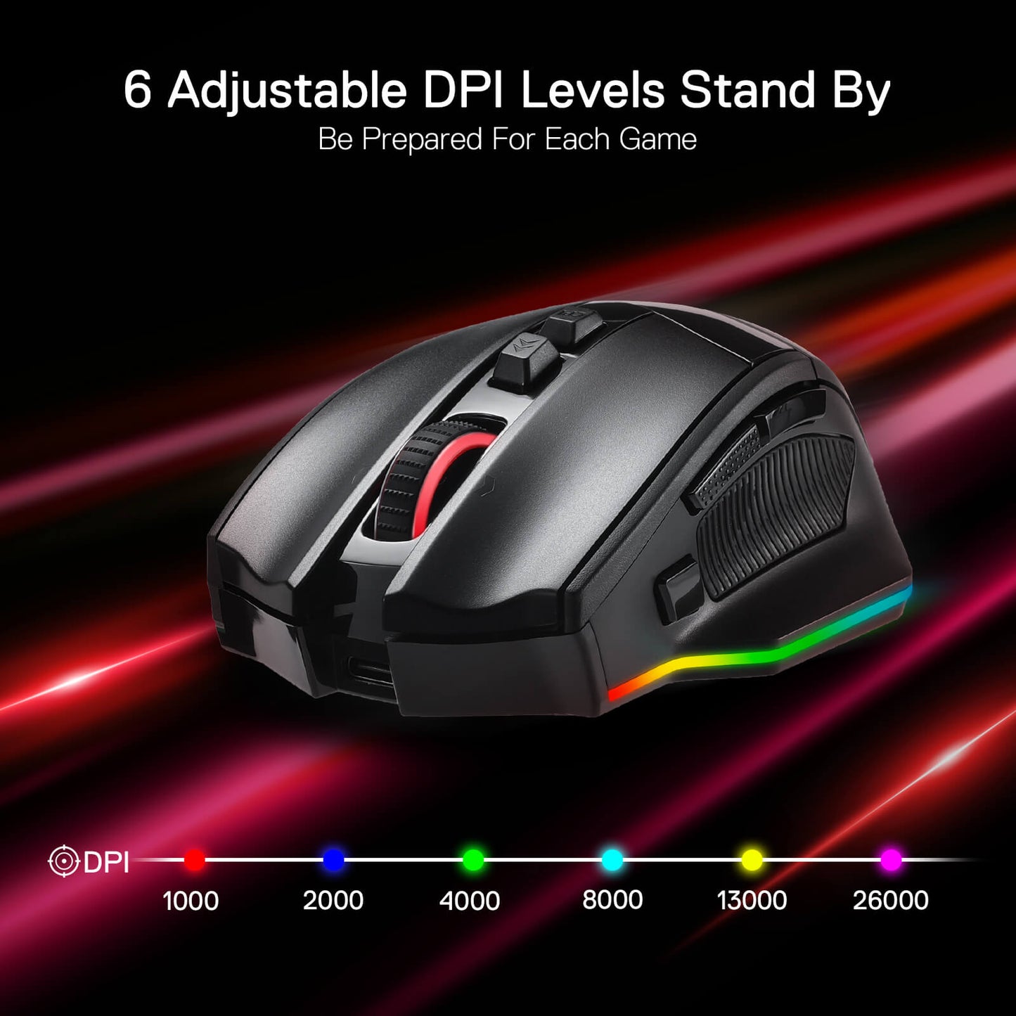 Redragon M813 PRO 3-Mode RGB Gaming Mouse with 4D Dual Mode Scroll Wheel, Optical Ergonomic Gamer Mouse with Max 26,000DPI, Pro Precision Sensor 3395, 7 Macro Buttons, Software Supported