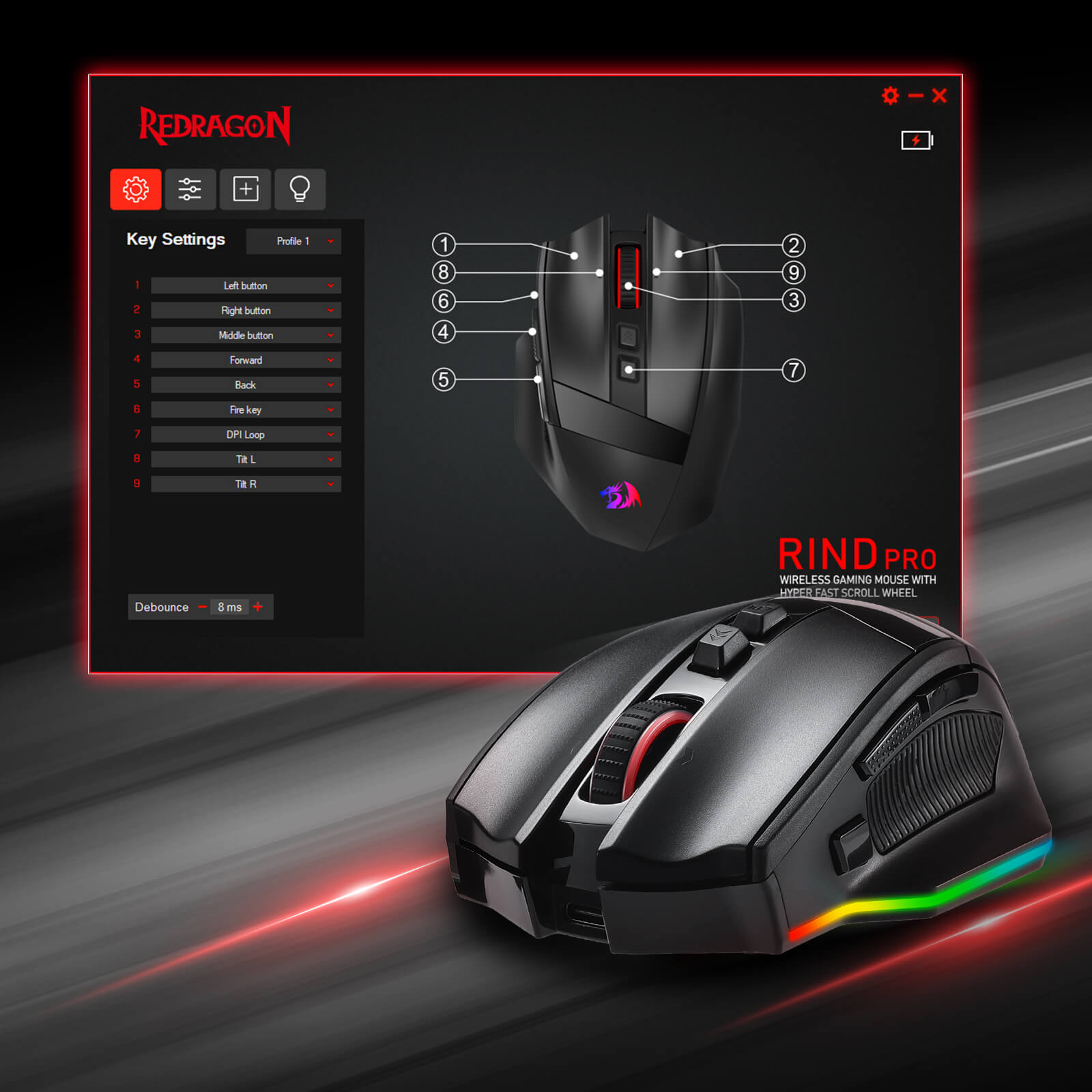 Redragon M813 PRO 3-Mode RGB Gaming Mouse with 4D Dual Mode Scroll Wheel, Optical Ergonomic Gamer Mouse with Max 26,000DPI, Pro Precision Sensor 3395, 7 Macro Buttons, Software Supported