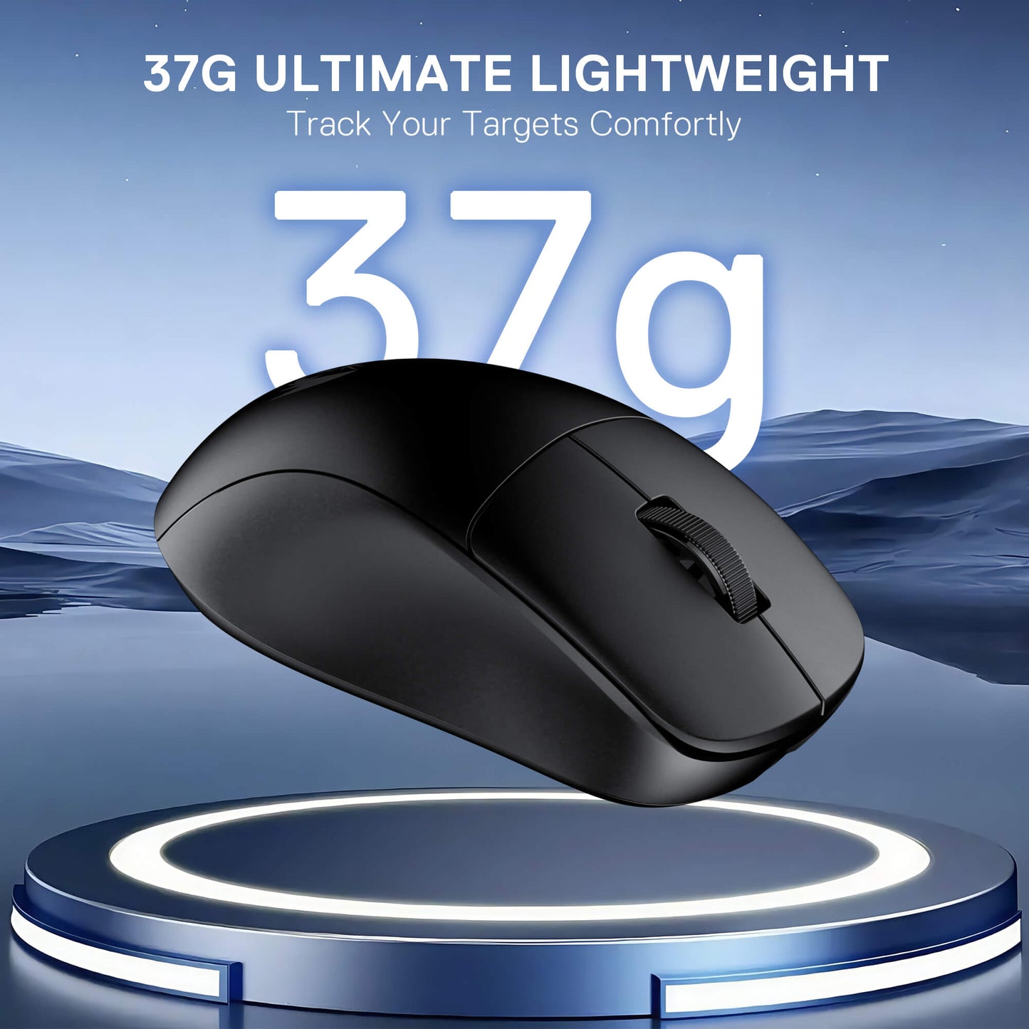 Redragon M817 Lightweight Small Black computer mouse on a blue background with text about weight and comfort