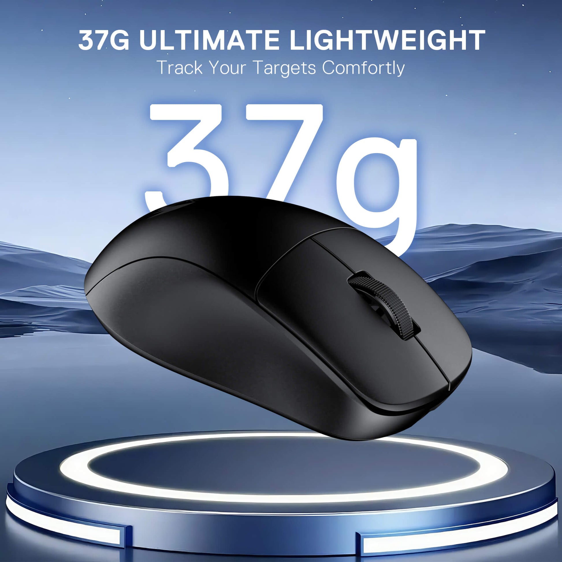 Redragon M817 Lightweight Small Black computer mouse on a blue background with text about weight and comfort