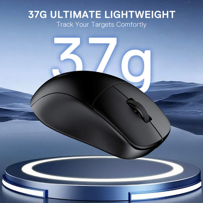 Redragon M817 Lightweight Small Black computer mouse on a blue background with text about weight and comfort