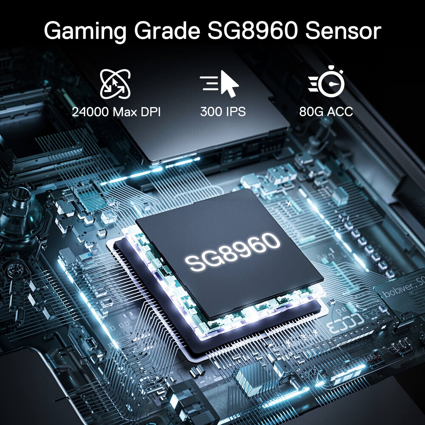 Redragon Gaming Grade SG8960 Sensor on a circuit board with specifications displayed.