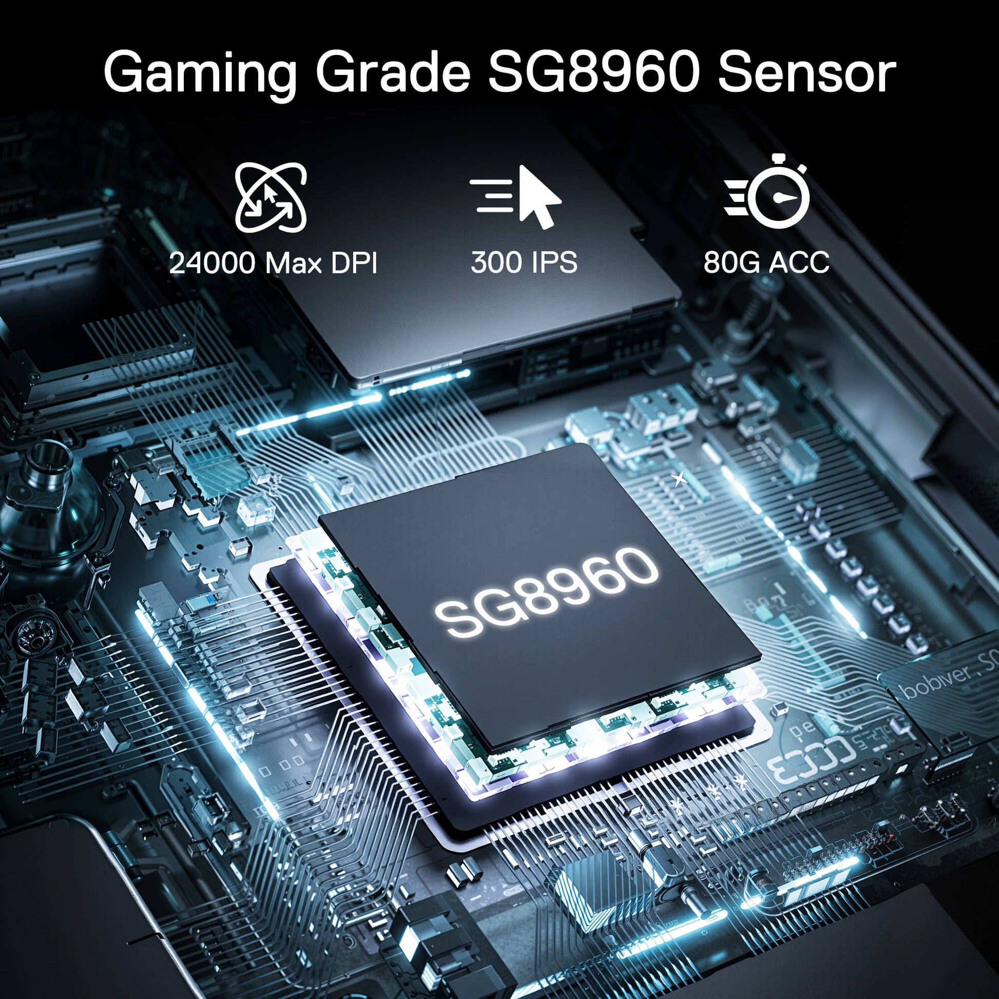 Redragon Gaming Grade SG8960 Sensor on a circuit board with specifications displayed.
