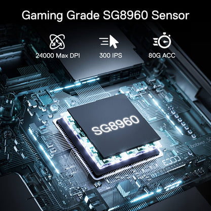 Redragon Gaming Grade SG8960 Sensor on a circuit board with specifications displayed.