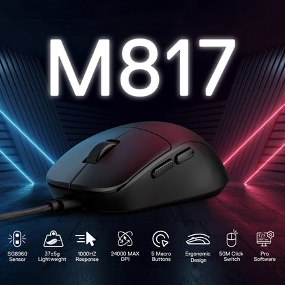 Gaming mouse M817 with specifications on a dark background