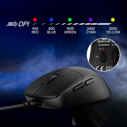 Redragon M817 Lightweight Small Black gaming mouse with DPI settings on a dark background