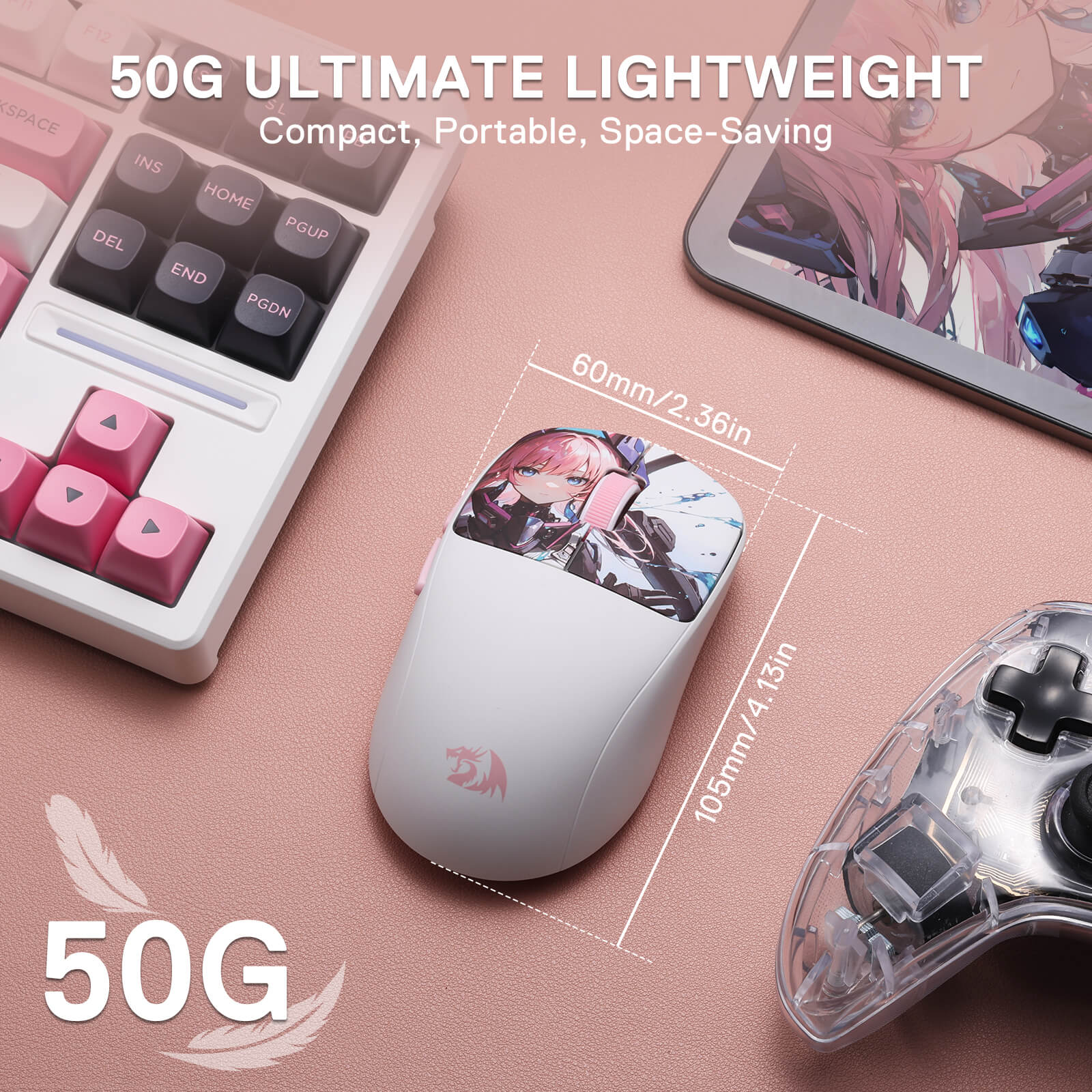 Small white mouse with gaming accessories on a pink surface, highlighting its compact size.