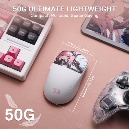 Small white mouse with gaming accessories on a pink surface, highlighting its compact size.