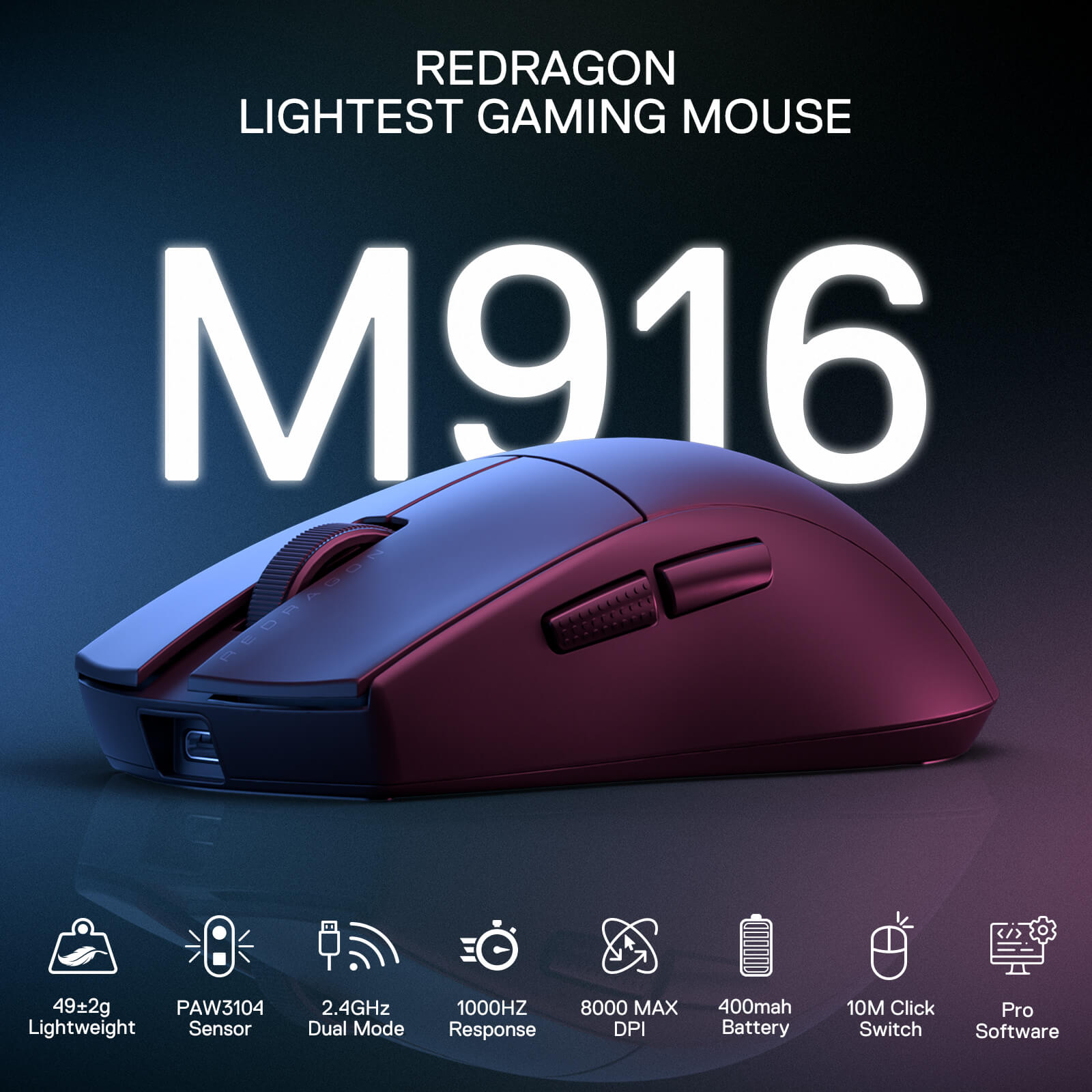 Redragon M916 Wireless Gaming Mouse, 49G Ultra-Light 8K DPI 2.4G Wireless Gaming Mouse w/Ergonomic Natural Grip Build, Full Programmable Buttons, Software Supports DIY Keybinds & DPI