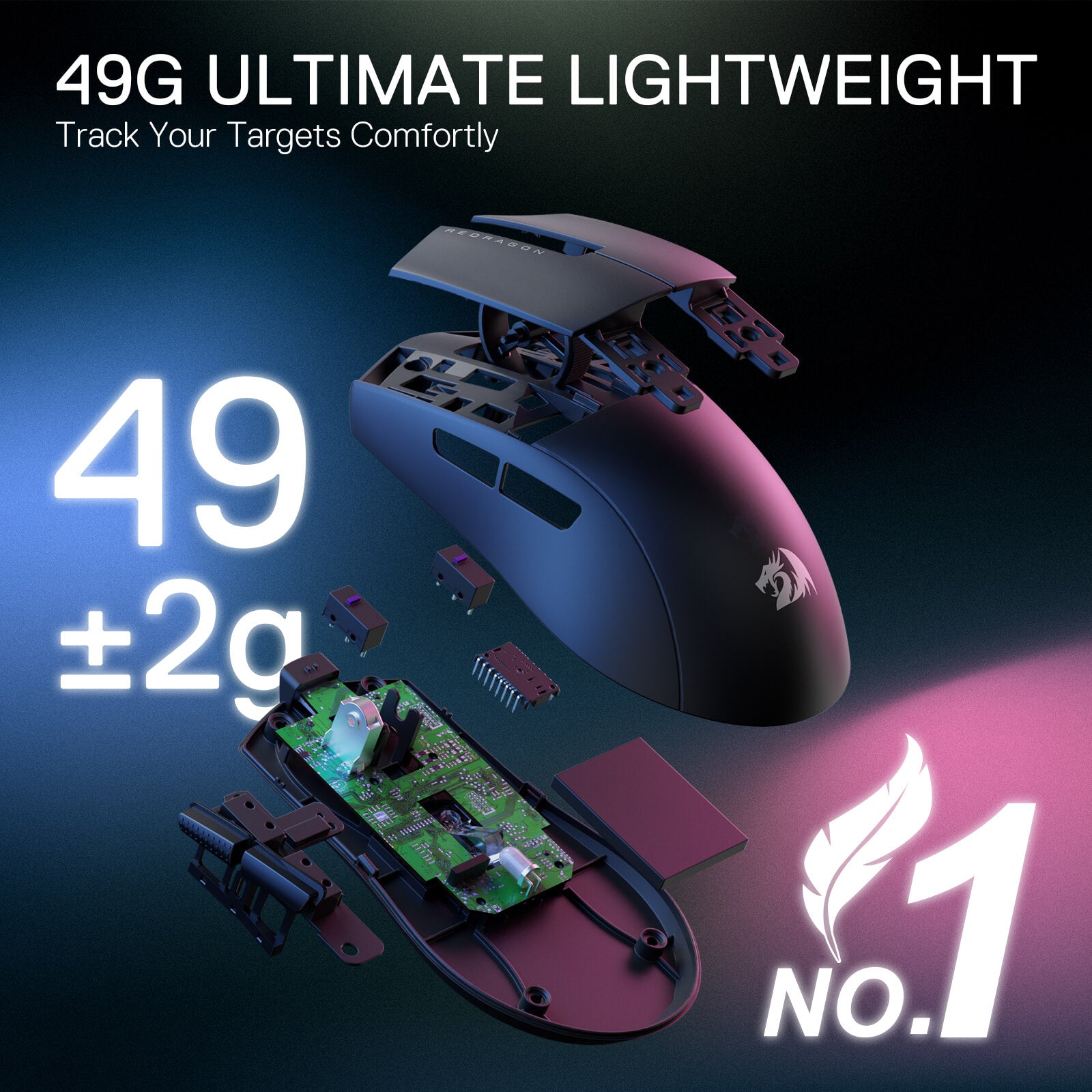 Redragon M916 Wireless Gaming Mouse, 49G Ultra-Light 8K DPI 2.4G Wireless Gaming Mouse w/Ergonomic Natural Grip Build, Full Programmable Buttons, Software Supports DIY Keybinds & DPI