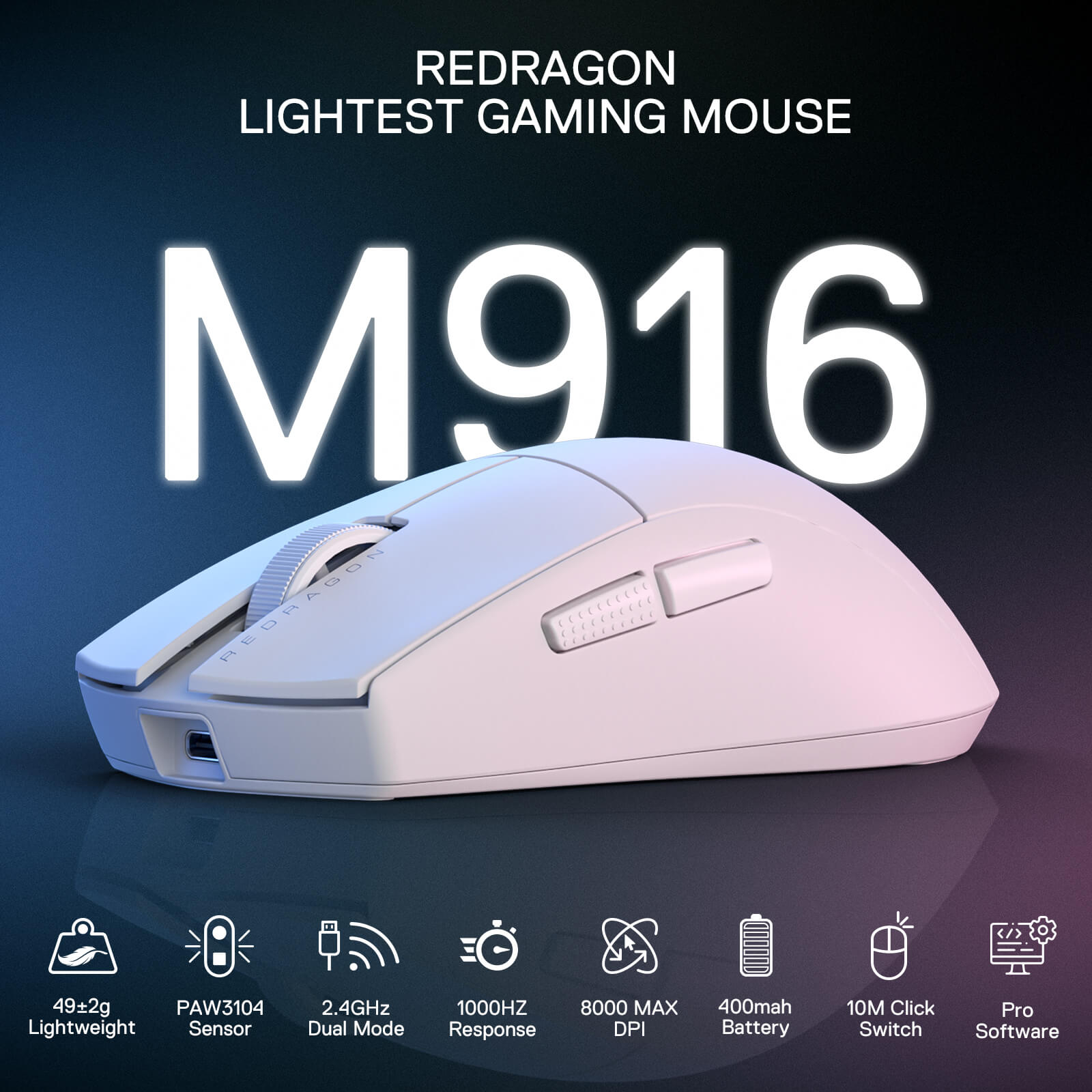 Redragon M916 Wireless Gaming Mouse, 49G Ultra-Light 8K DPI 2.4G Wireless Gaming Mouse w/Ergonomic Natural Grip Build, Full Programmable Buttons, Software Supports DIY Keybinds & DPI