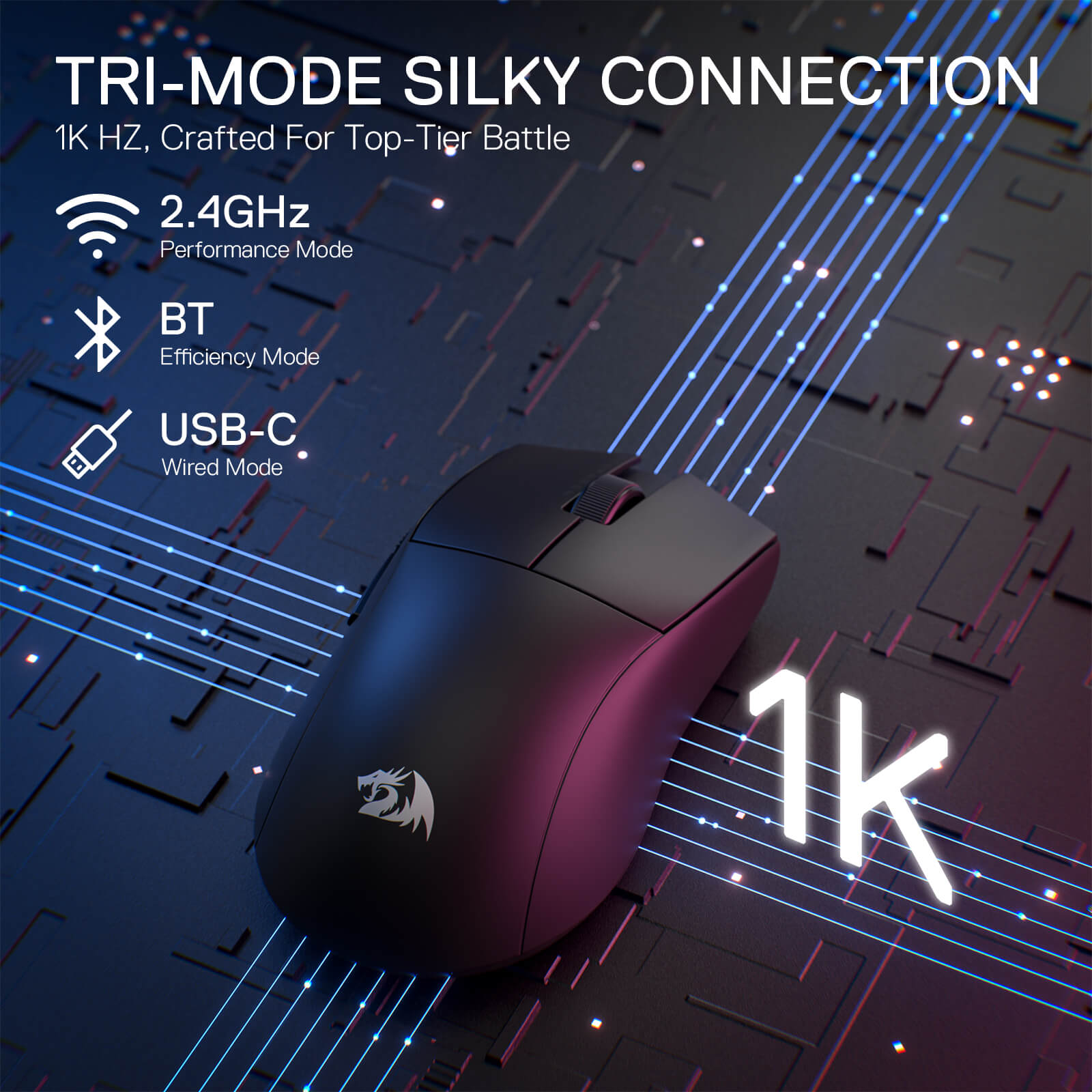 Redragon M916 STD 3-Mode Wireless Gaming Mouse, 49G Ultra-Light 24K DPI Mice w/Ergonomic Natural Grip Build, Full Programmable Buttons, Software Supports DIY Keybinds & DPI