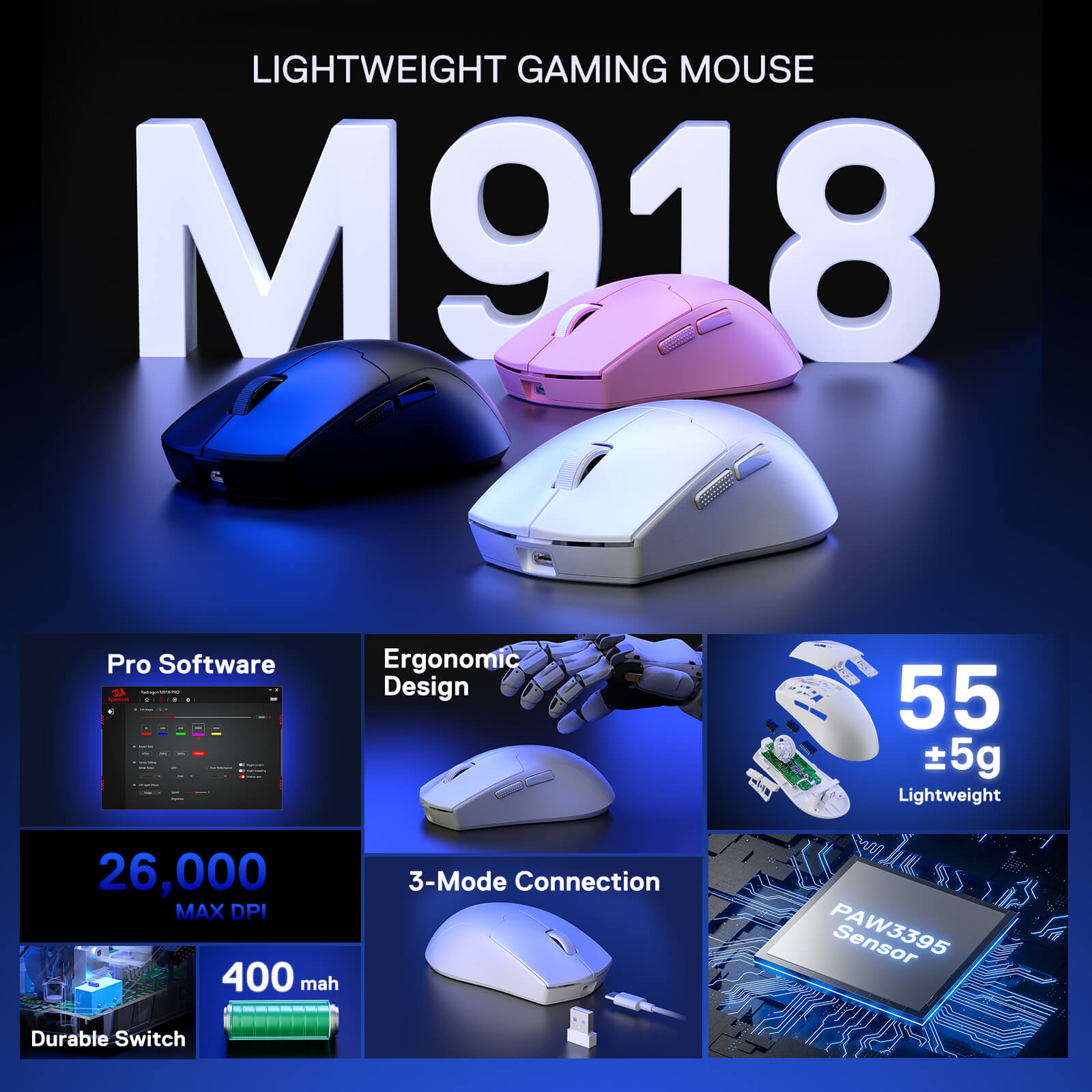 Redragon M918-PRO K1ng Max Black Ultra-Light Tri-Mode 26000 DPI Esports Gaming Mouse