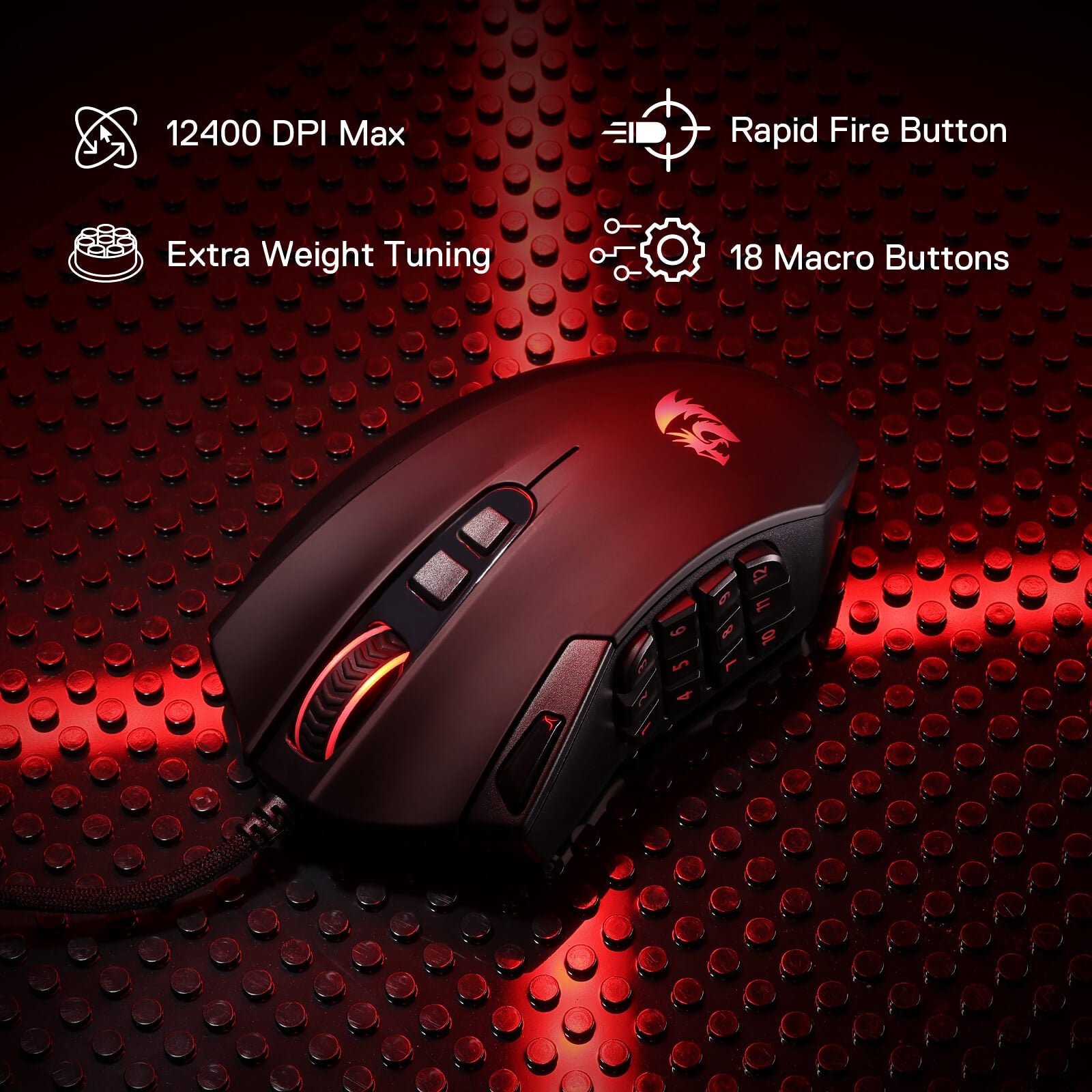 Redragon M921 MMO Gaming Mouse, 12400 DPI High Precision Wired RGB Mice w/18 Programmable Buttons, 12 Side Macro Keys, Software Supports for PC Laptop