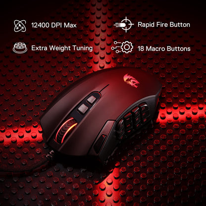 Redragon M921 MMO Gaming Mouse, 12400 DPI High Precision Wired RGB Mice w/18 Programmable Buttons, 12 Side Macro Keys, Software Supports for PC Laptop