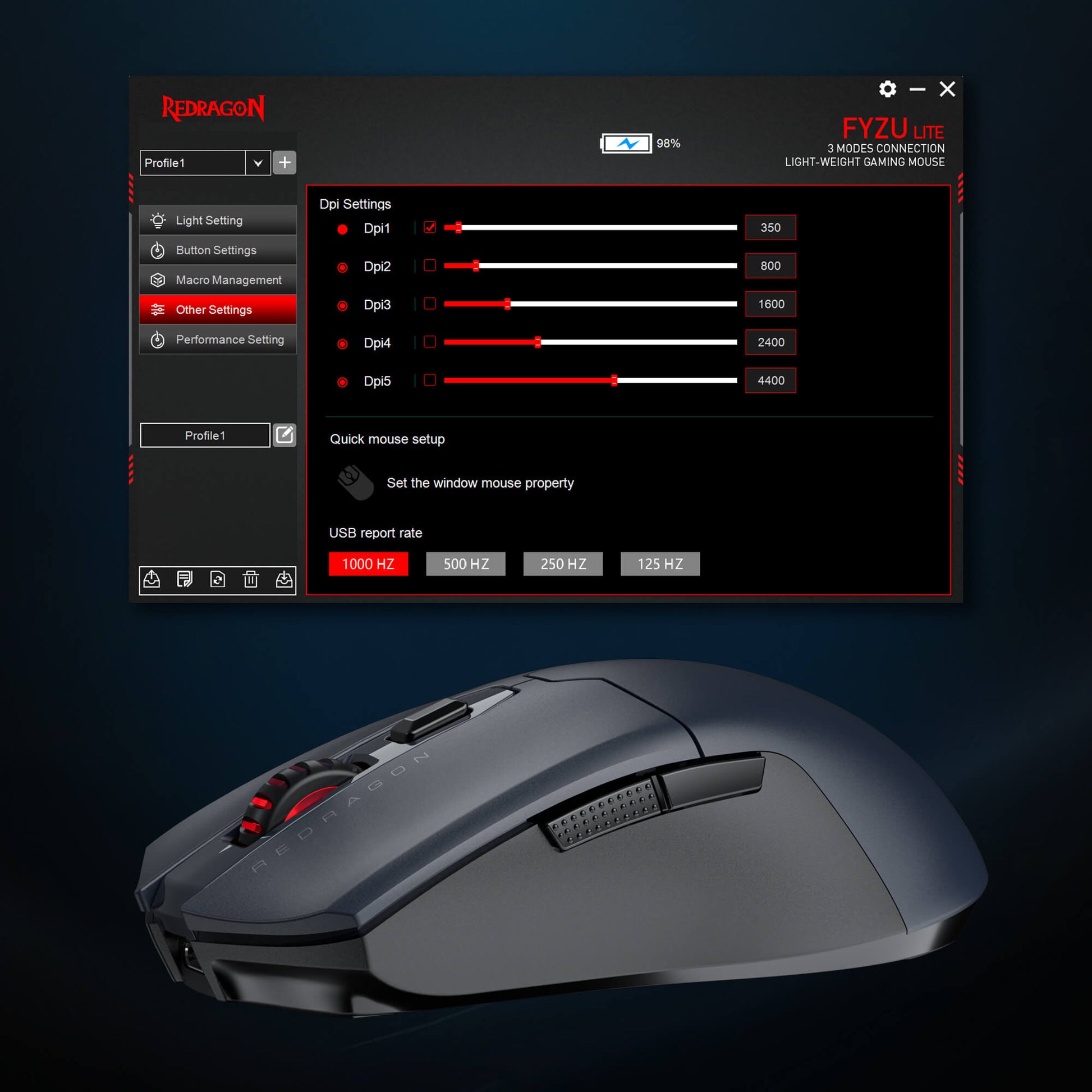 Redragon Gaming mouse with customizable settings displayed on a screen