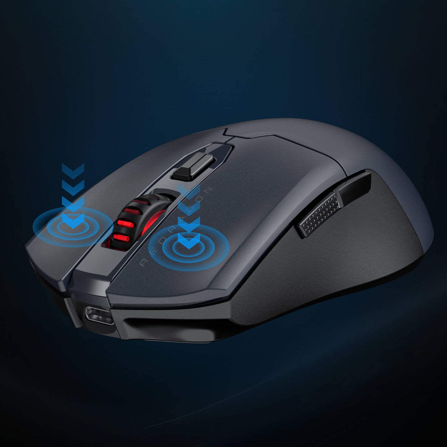 Gaming mouse with wireless connection indicator on a dark background