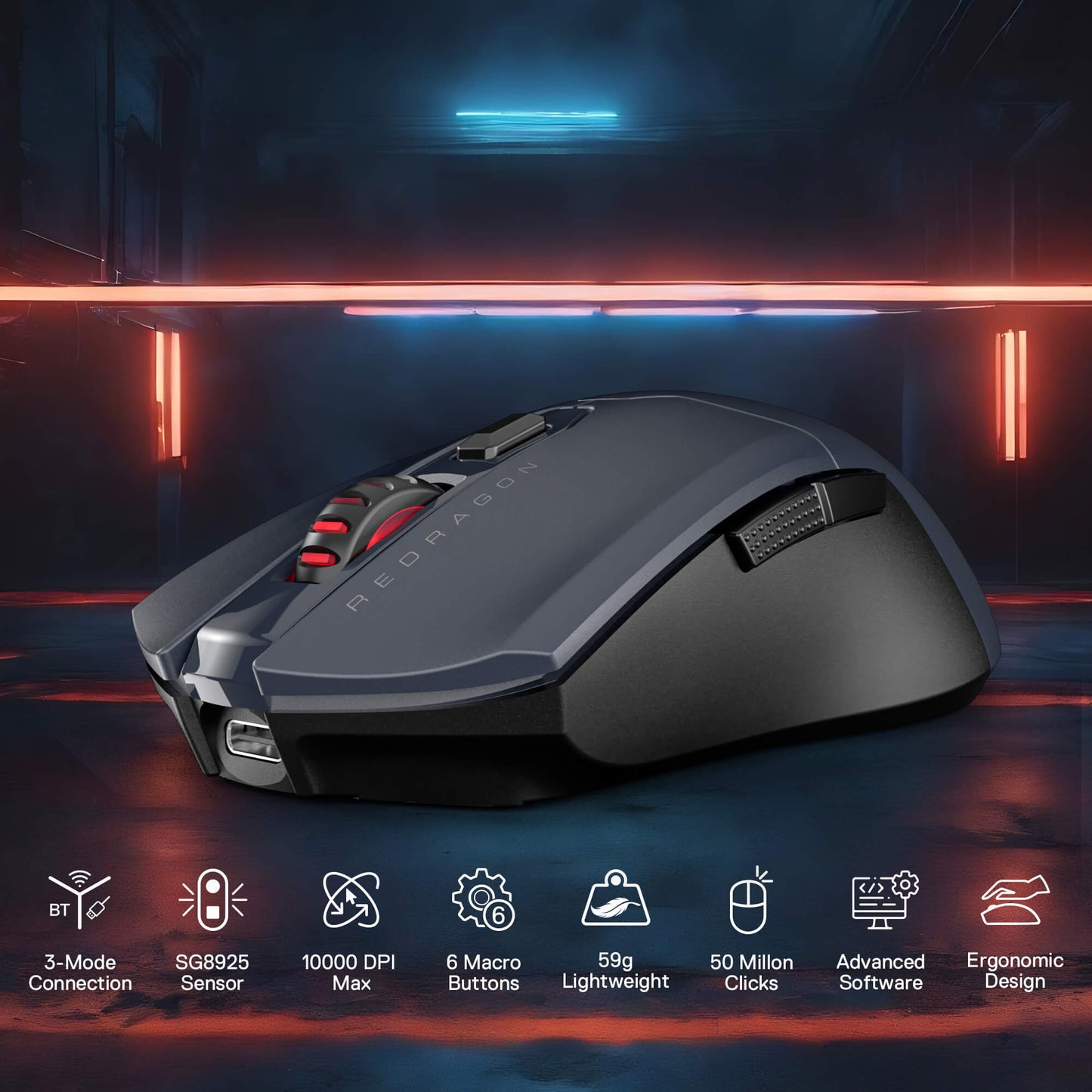 Redragon M995 LIT Wireless Gaming Mouse, 10000 MAX DPI Rechargeable Mouse, BT & 2.4G Wireless, 6 Macro Buttons, Ultra Lightweight, Reliable Power Capacity for PC/Mac/Laptop, Gray & Black