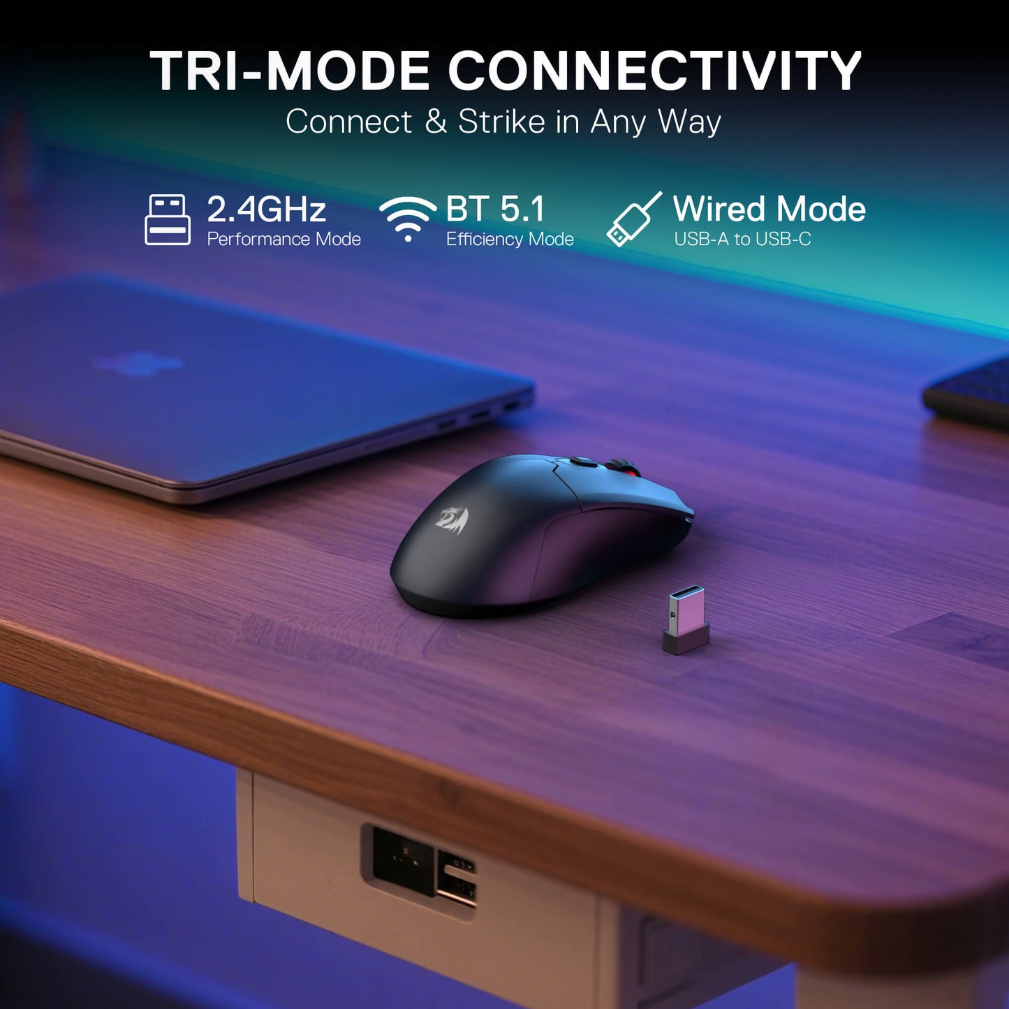 Mouse and USB adapter on a desk with text about tri-mode connectivity.