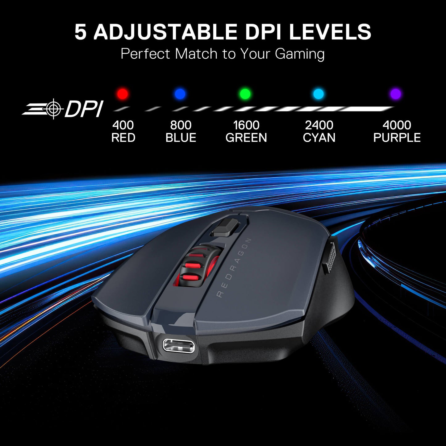 Redragon M995 LIT Wireless Gaming mouse with DPI settings on a dynamic background
