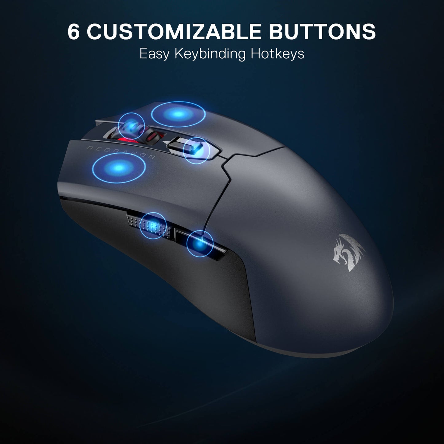 Gaming mouse with customizable buttons on a dark background