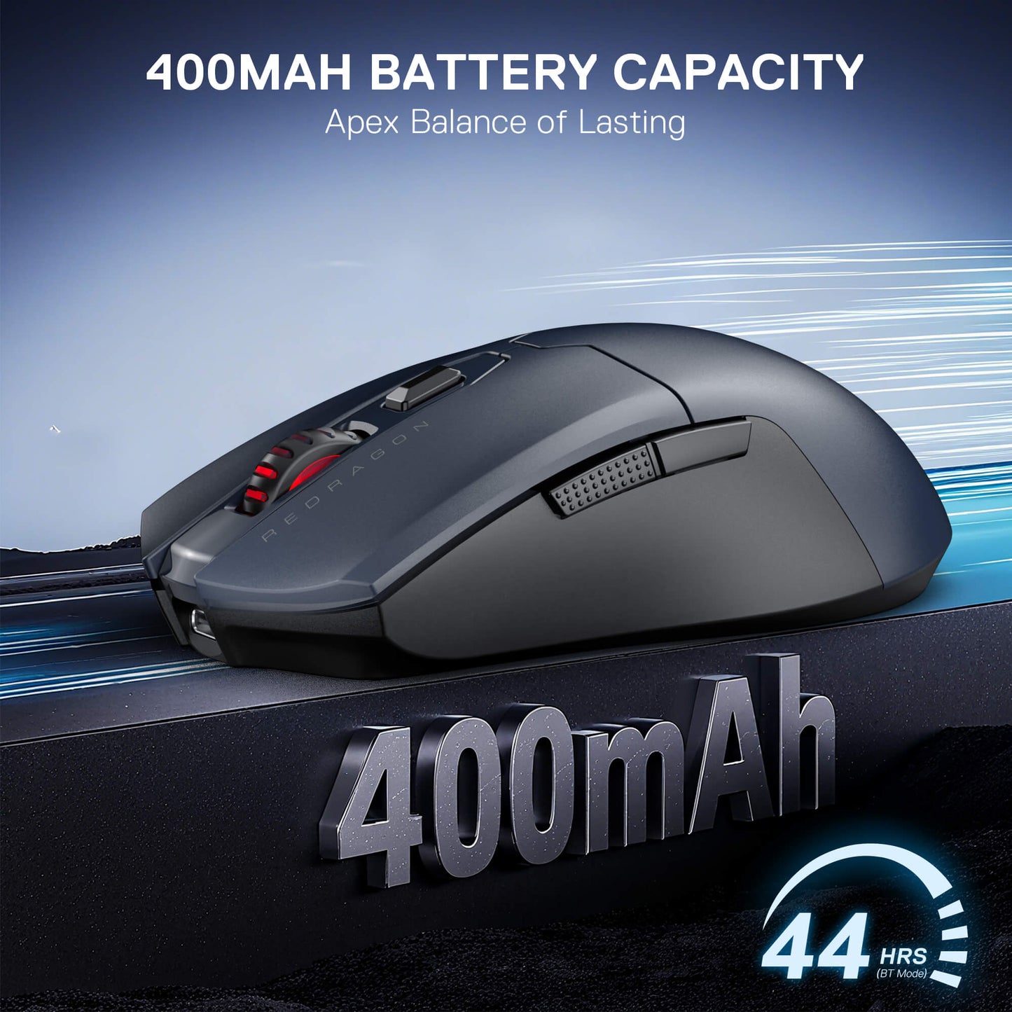 Redragon M995 LIT Wireless Gaming mouse with 400mAh battery capacity on a blue and black background