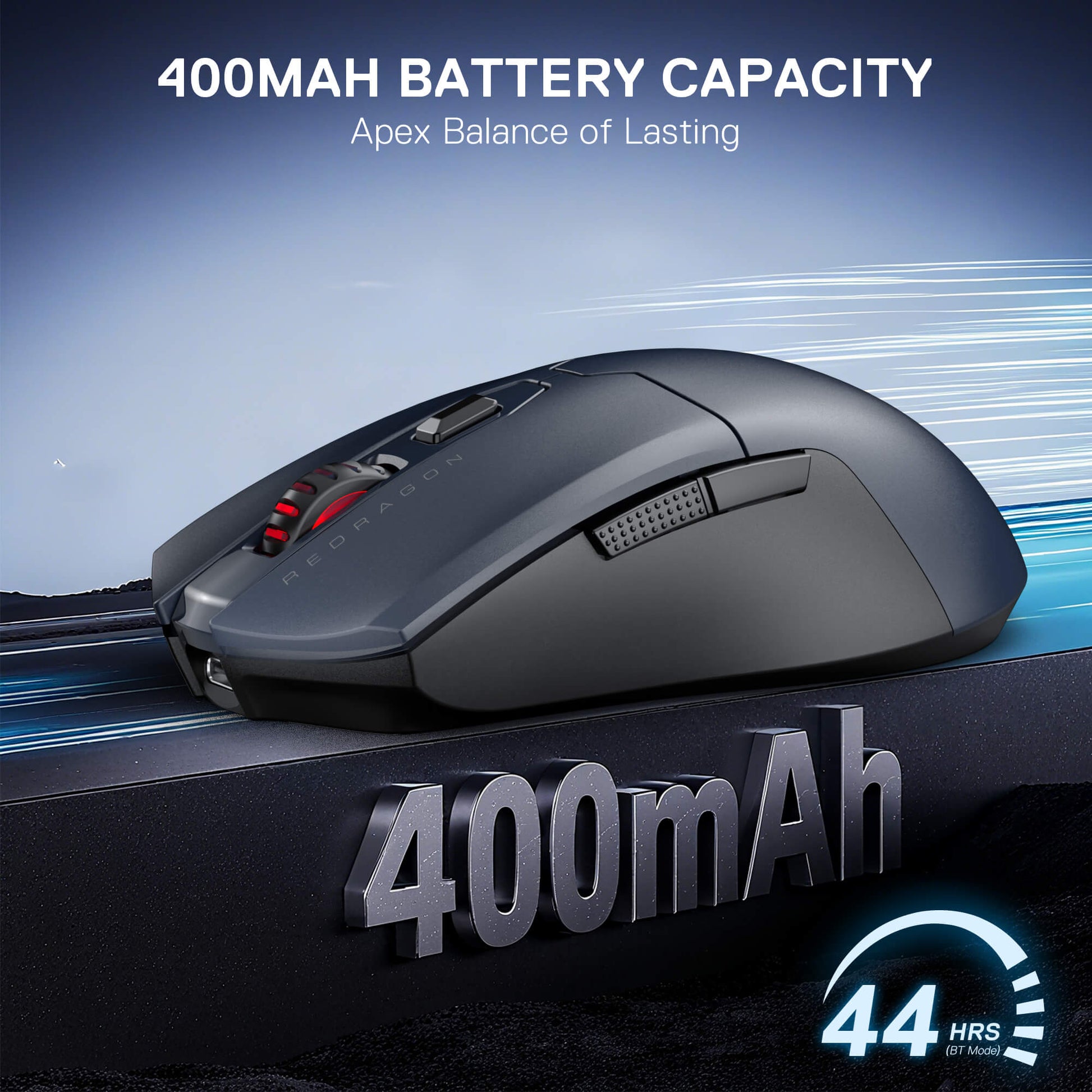 Redragon M995 LIT Wireless Gaming mouse with 400mAh battery capacity on a blue and black background