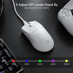 Side view of the White M996 mouse showcasing 5 adjustable DPI levels.