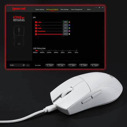 Software interface showcasing the white M996 mouse.