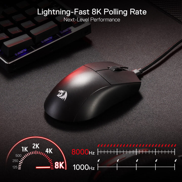 The black M996 mouse on a desk featuring lightning-fast 8K polling rate.