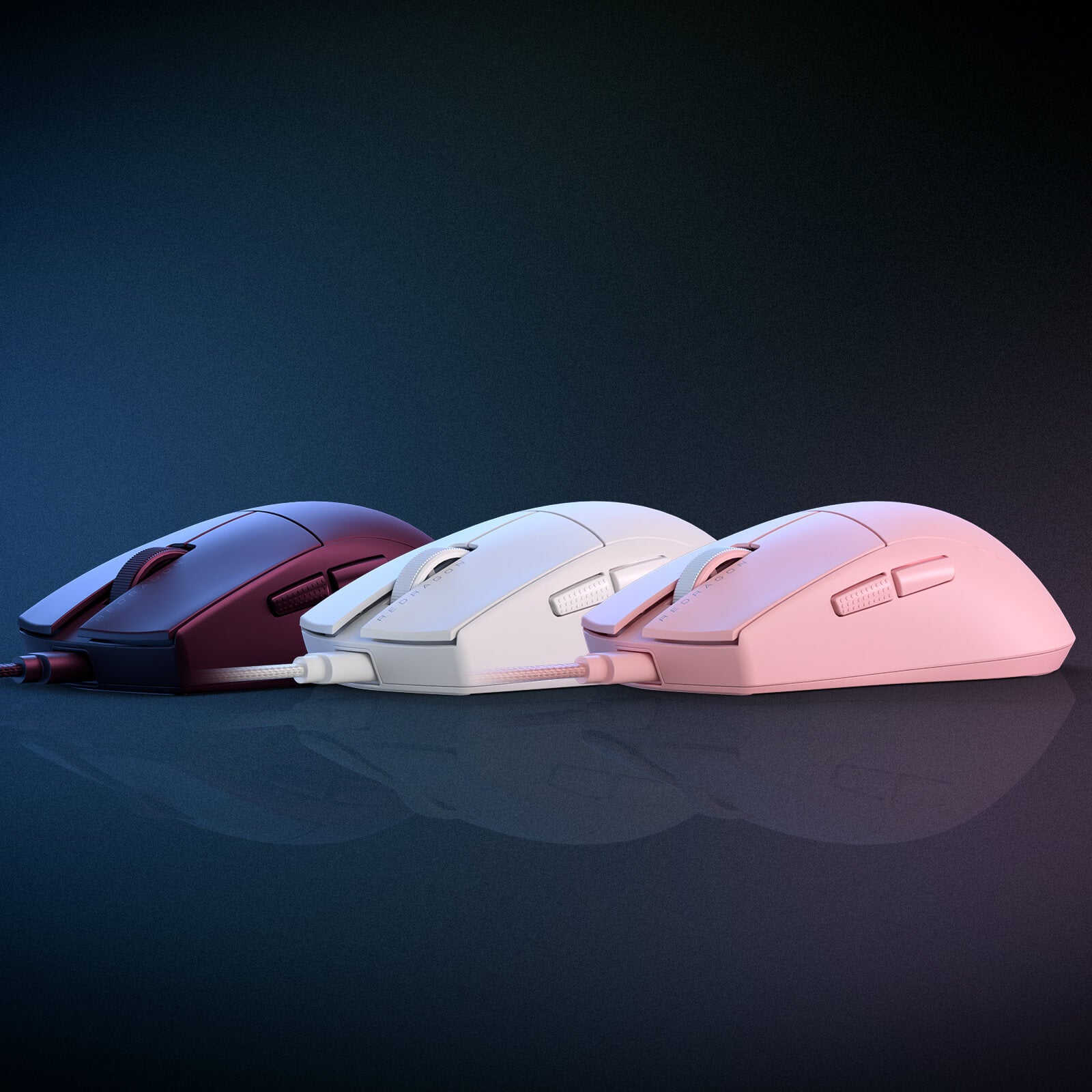 Black, white, and pink M996 mice displayed side by side