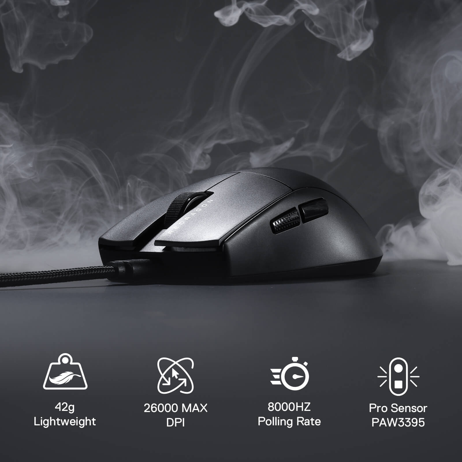 Side view of the Black M996 mouse highlighting four key features: 42g lightweight design, 26000 Max DPI, 8000Hz Polling Rate, and Pro Sensor PAW3395.