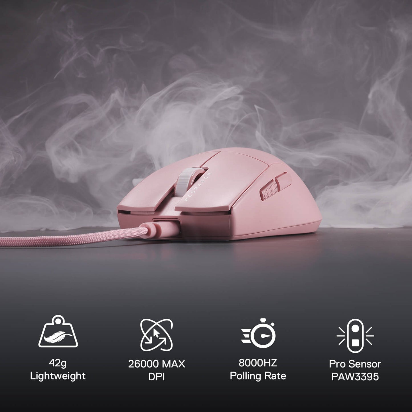 Side view of the Pink M996 mouse highlighting four key features: 42g lightweight design, 26000 Max DPI, 8000Hz Polling Rate, and Pro Sensor PAW3395.