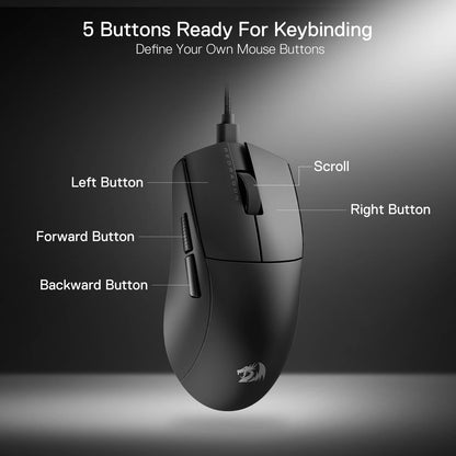 Black M996 5 Buttons Ready For Keybinding, left button, forward button, backward button, right button, scroll.